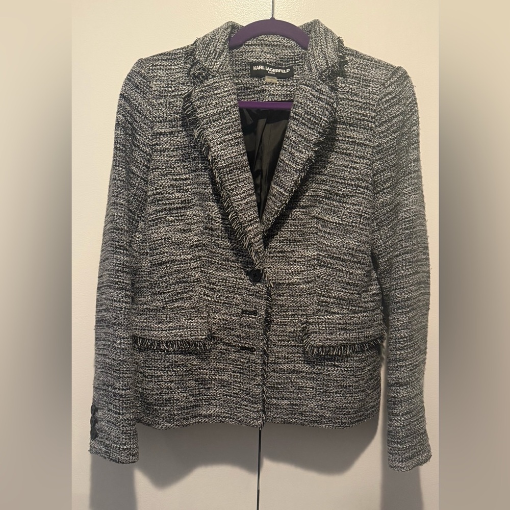 Karl Lagerfeld Black and Gray Textured (Boucle) Blazer